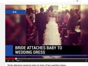 Woman ties baby to wedding dress, drags her down aisle