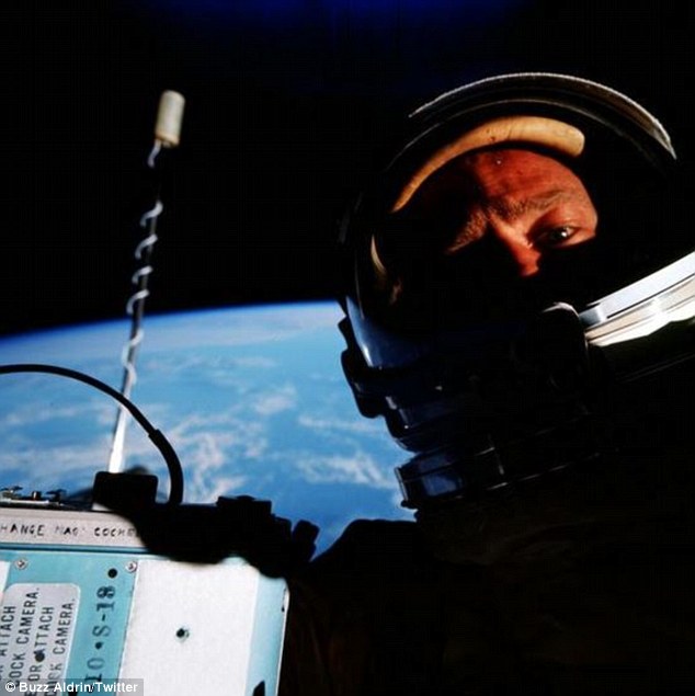 Second on the moon but the first selfie in space! Buzz Aldrin tweets photo of him in front of stunning backdrop of Earth taken three years before Apollo 11 mission